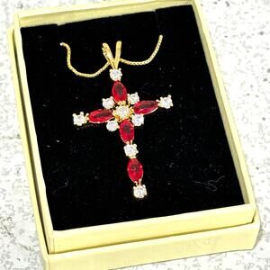 Delicate red & white crystal cross pendant on goldtone chain religious jewelry